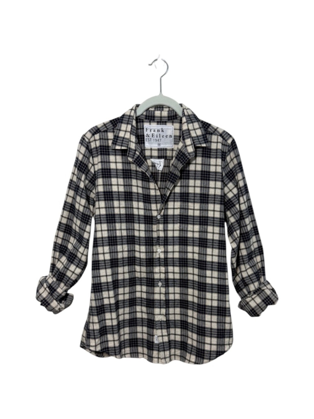Frank & Eileen BARRY Flannel Button Down Shirt Size M Navy Beige Plaid Woven
